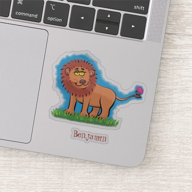 Happy lion with butterfly cartoon illustration sticker (Detail)