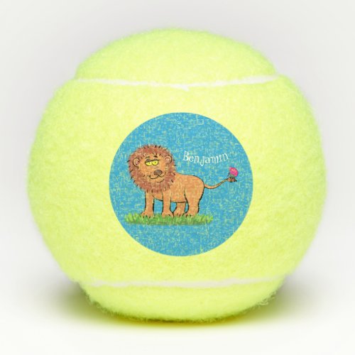 Happy lion with butterfly cartoon illustration tennis balls