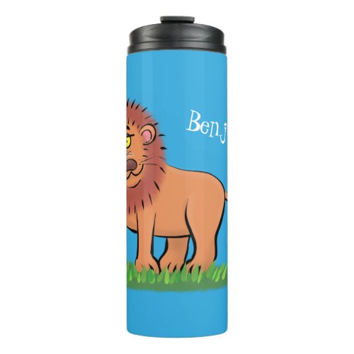 Happy lion with butterfly cartoon illustration thermal tumbler