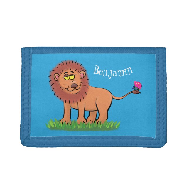 Happy lion with butterfly cartoon illustration trifold wallet (Front)