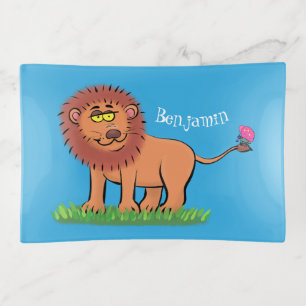 Happy lion with butterfly cartoon illustration trinket tray