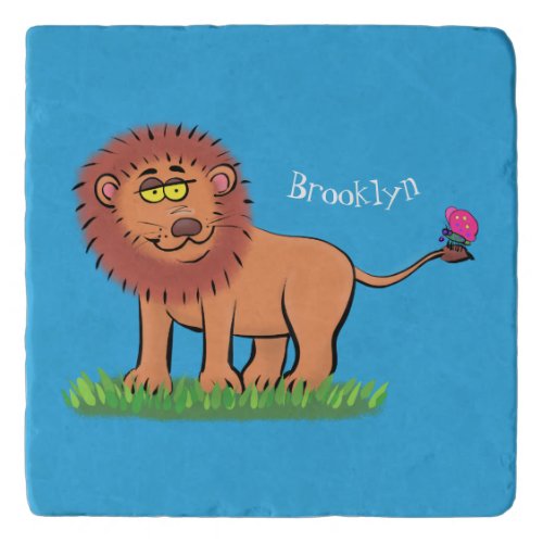 Happy lion with butterfly cartoon illustration trivet