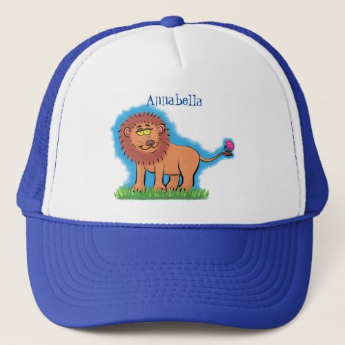 Happy lion with butterfly cartoon illustration trucker hat