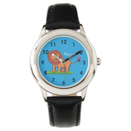 Happy lion with butterfly cartoon illustration watch