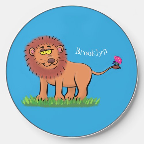 Happy lion with butterfly cartoon illustration wireless charger 