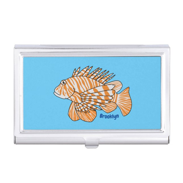 Happy lionfish cartoon illustration business card case (Front)