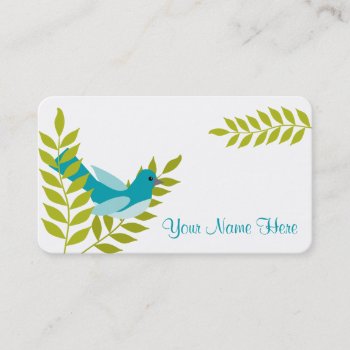 Happy Little Blue Bird & Green Leaves Calling Card by PennyCorkDesigns at Zazzle