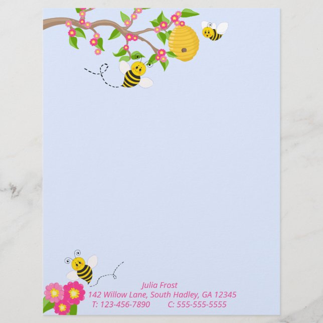 Happy Little Bumble Bees and Flowers Letterhead (Front)