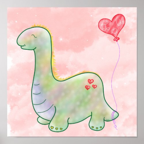 Happy Little Dinosaur Pink Clouds  Poster