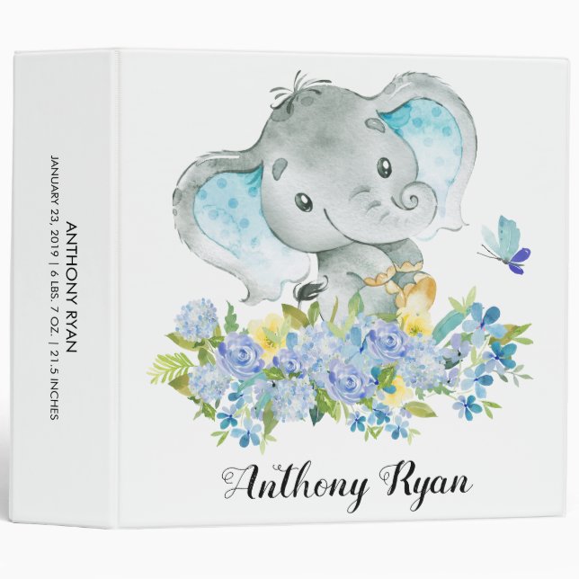 Happy Little Elephant Boys Baby Photo Album 3 Ring Binder (Front/Spine)