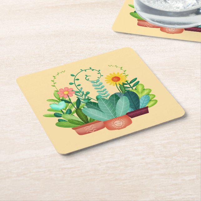 Happy Little Garden Square Paper Coaster (Angled)