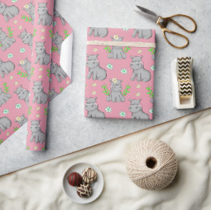Happy Little Hippos and Flowers Wrapping Paper