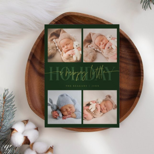 Happy Little Holiday Green Multi Photo Birth  Announcement (Creator Uploaded)