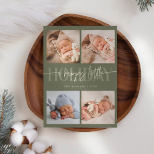 Happy Little Holiday Sage Green Multi Photo Birth  Announcement