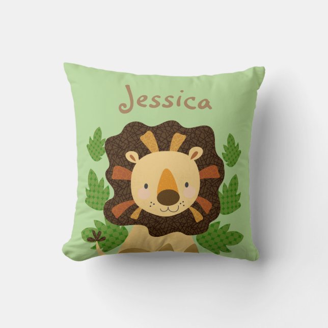 Happy Little Jungle Lion Personalized Throw Pillow (Front)