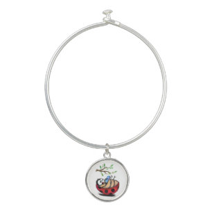 Happy Little Ladybug with Phone - Cartoon Drawing  Bangle Bracelet