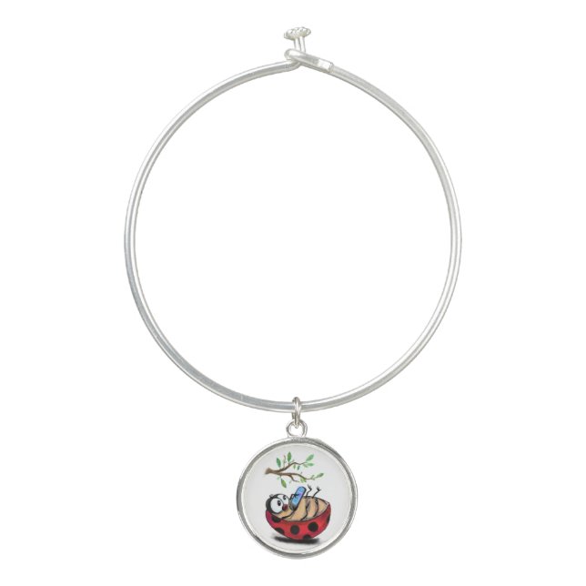 Happy Little Ladybug with Phone - Cartoon Drawing  Bangle Bracelet (Front)
