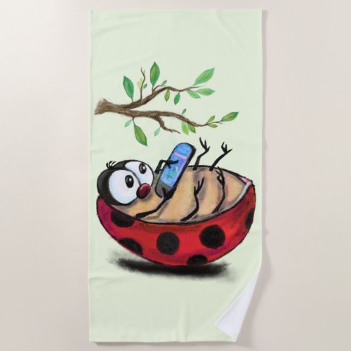 Happy Little Ladybug with Phone _ Cartoon Drawing  Beach Towel