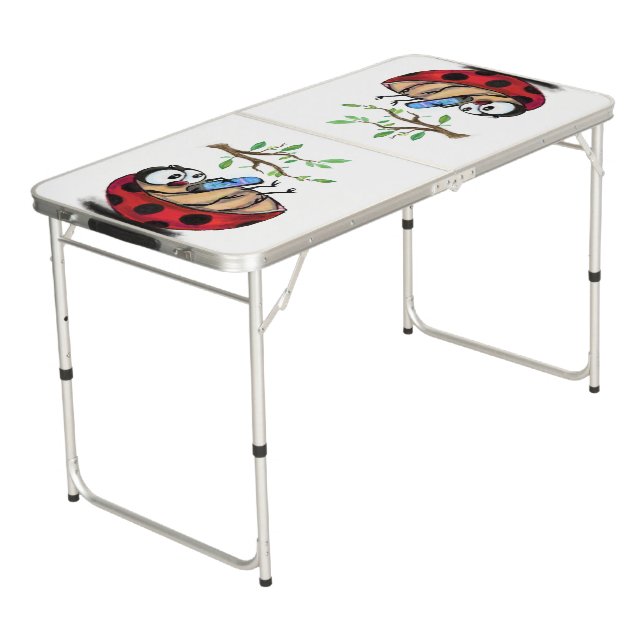 Happy Little Ladybug with Phone - Cartoon Drawing  Beer Pong Table (Angled)