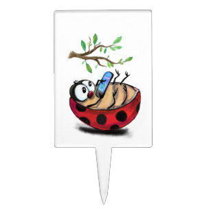 Happy Little Ladybug with Phone - Cartoon Drawing  Cake Topper
