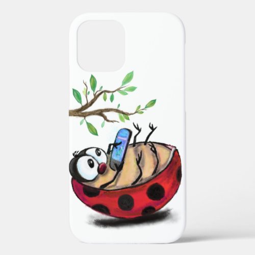 Happy Little Ladybug with Phone _ Cartoon Drawing  iPhone 12 Case