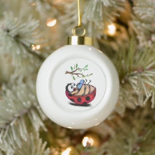 Happy Little Ladybug with Phone _ Cartoon Drawing  Ceramic Ball Christmas Ornament