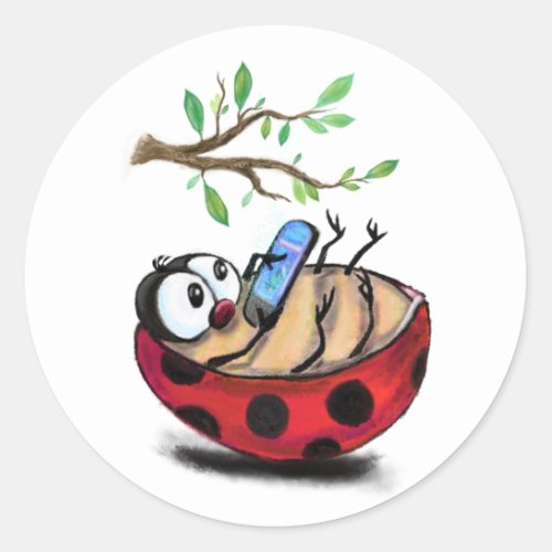 Happy Little Ladybug with Phone _ Cartoon Drawing  Classic Round Sticker