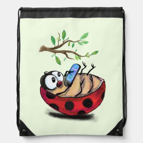 Happy Little Ladybug with Phone _ Cartoon Drawing  Drawstring Bag