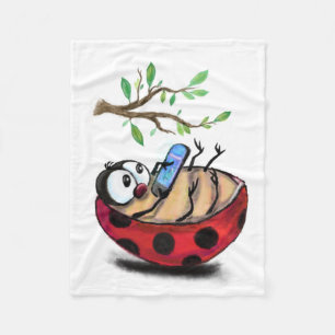 Happy Little Ladybug with Phone - Cartoon Drawing  Fleece Blanket