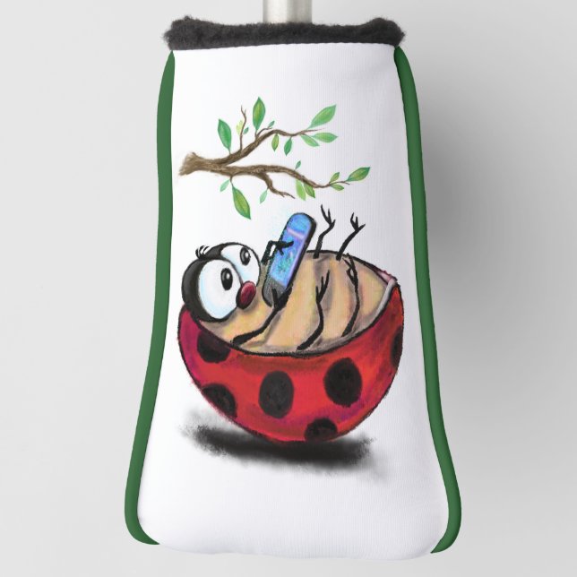 Happy Little Ladybug with Phone - Cartoon Drawing  Golf Head Cover (Rotate 90)