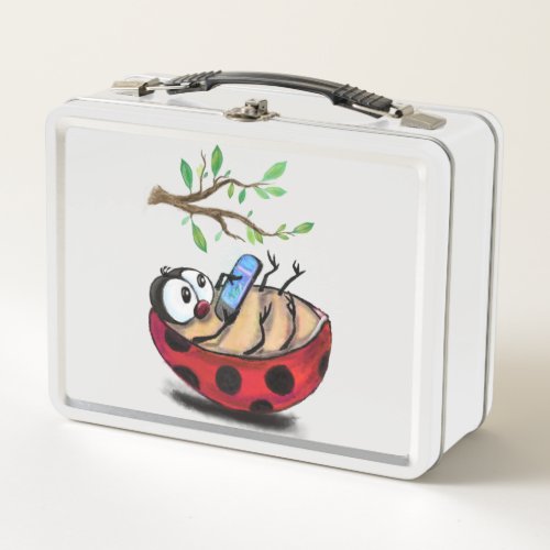 Happy Little Ladybug with Phone _ Cartoon Drawing  Metal Lunch Box