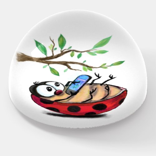 Happy Little Ladybug with Phone _ Cartoon Drawing  Paperweight