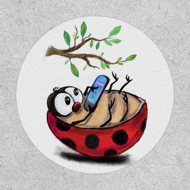Happy Little Ladybug with Phone - Cartoon Drawing  Patch (Front)