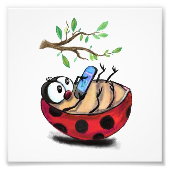 Happy Little Ladybug with Phone - Cartoon Drawing  Photo Print (Front)