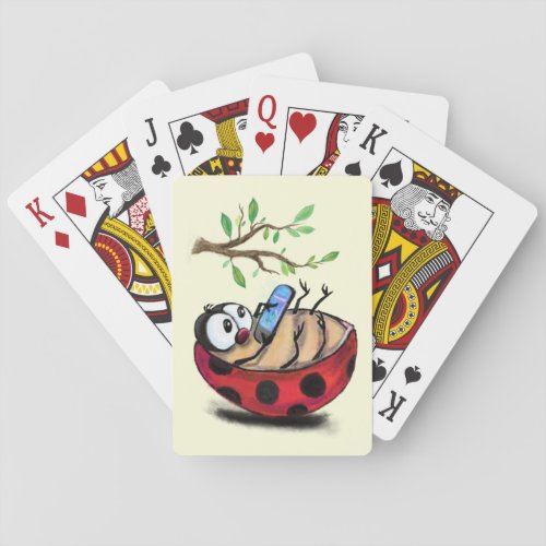 Happy Little Ladybug with Phone _ Cartoon Drawing  Poker Cards