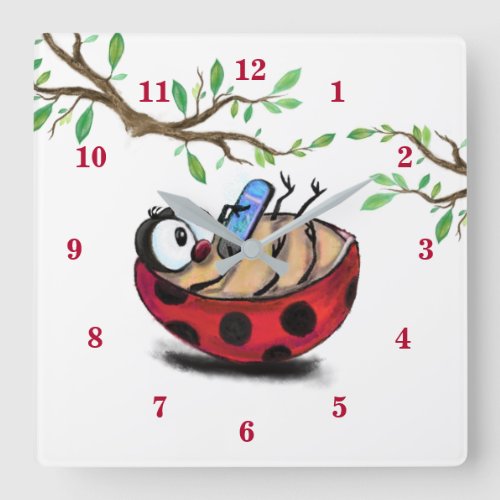 Happy Little Ladybug with Phone _ Cartoon Drawing  Square Wall Clock