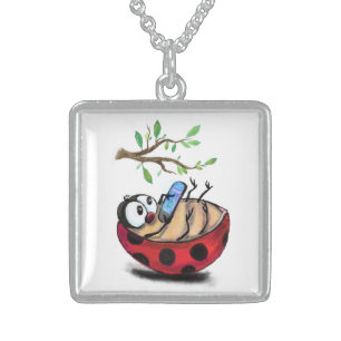 Happy Little Ladybug with Phone - Cartoon Drawing Sterling Silver Necklace