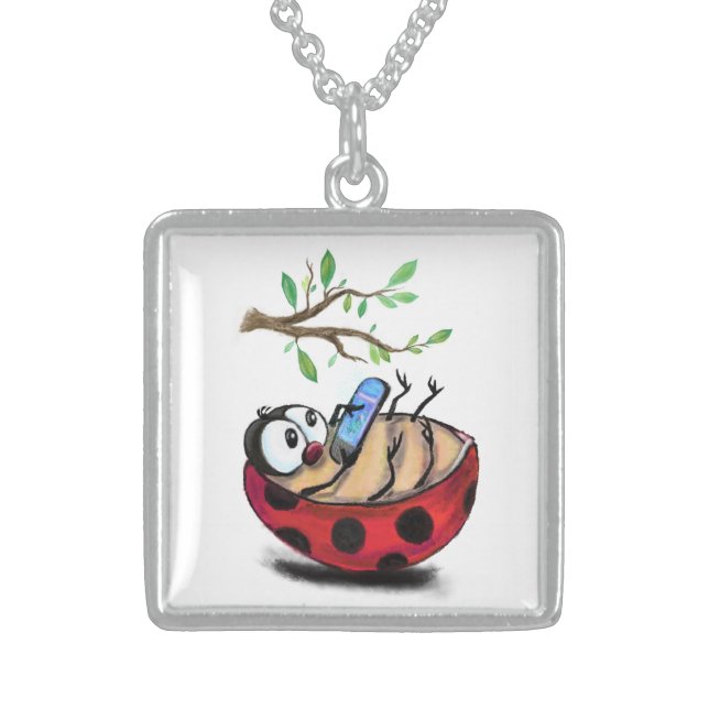 Happy Little Ladybug with Phone - Cartoon Drawing  Sterling Silver Necklace (Front)
