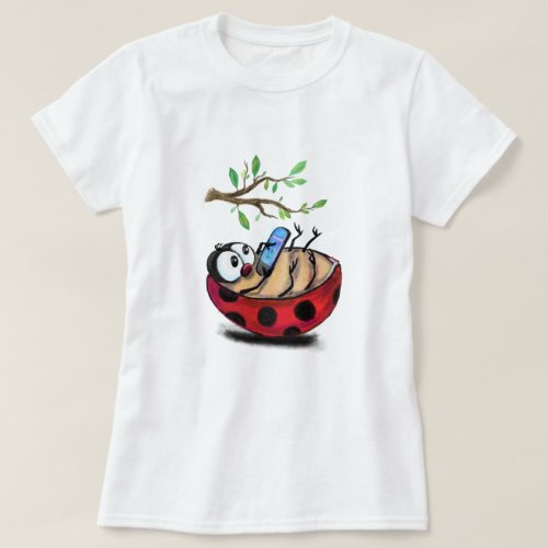 Happy Little Ladybug with Phone _ Cartoon Drawing  T_Shirt