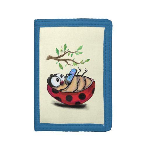 Happy Little Ladybug with Phone _ Cartoon Drawing  Trifold Wallet