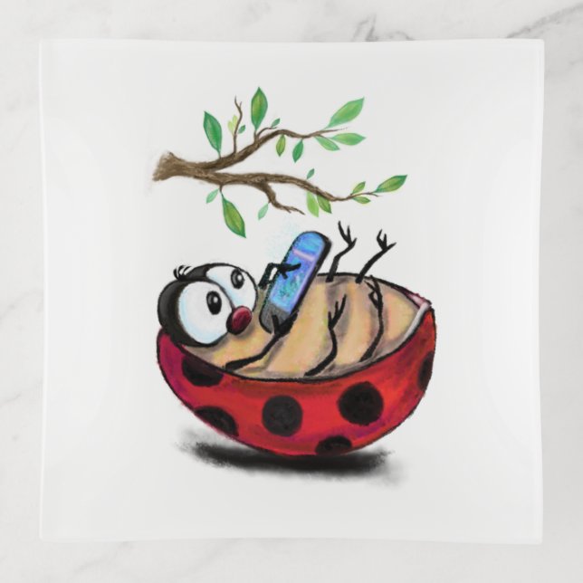 Happy Little Ladybug with Phone - Cartoon Drawing  Trinket Tray (Front)