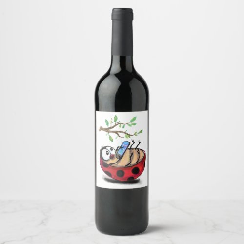 Happy Little Ladybug with Phone _ Cartoon Drawing  Wine Label