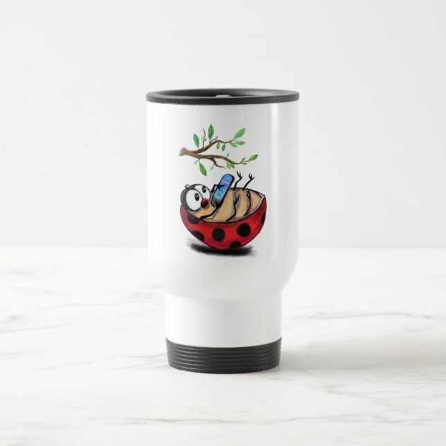 Happy Little Ladybug with Phone - Funny Drawing Travel Mug (Center)