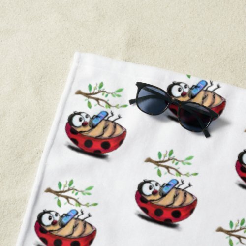 Happy Little Ladybugs with Phone _ Cartoon Drawing Beach Towel