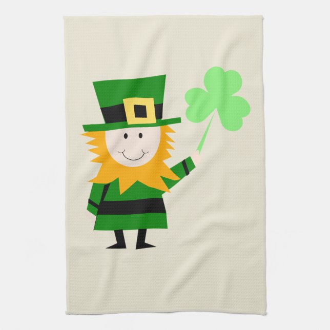 Happy Little Leprechaun Beige Kitchen Towel (Vertical)