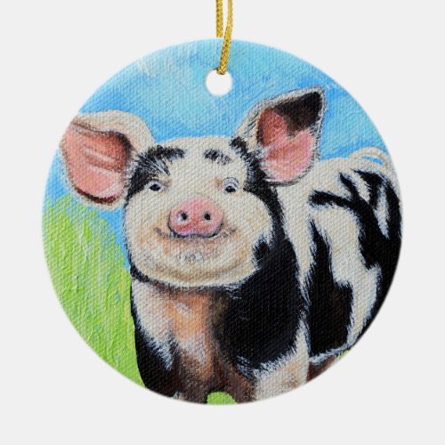 Happy Little Pig Painting Ceramic Ornament