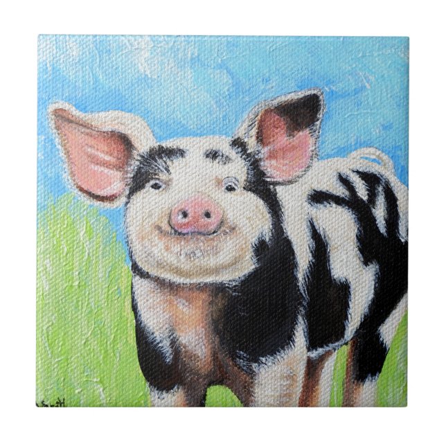 Happy Little Pig Painting Ceramic Tile (Front)