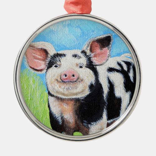 Happy Little Pig Painting Metal Ornament