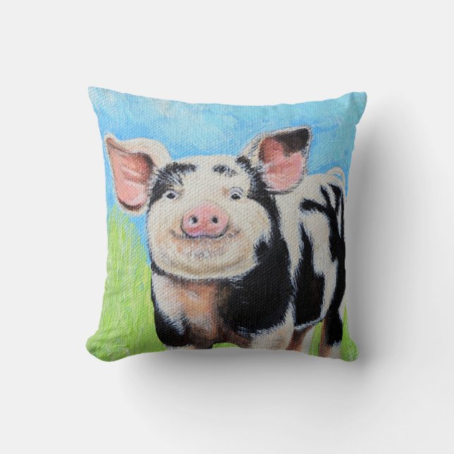 Happy Little Pig Painting Throw Pillow (Front)