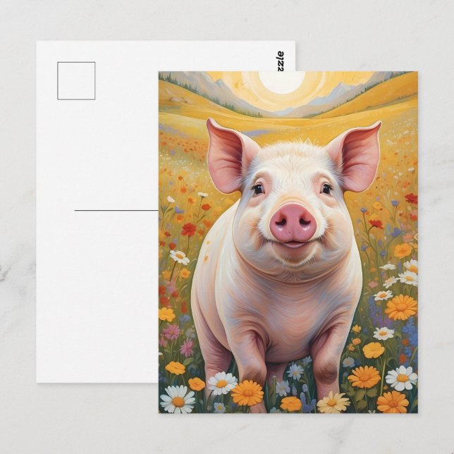 Happy Little Pig Sunny Daisy Field Postcard (Front/Back)